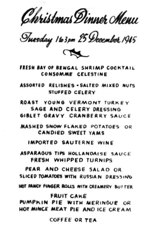 Hastings Mill Christmas Menu 1945 CBI Theater